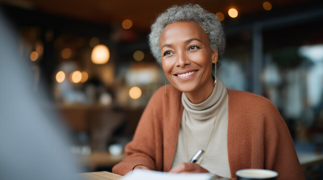 Retired teacher mentoring young professional over coffee in quiet cafe corner with notebooks and pens spread between them, perfect for career guidance, wisdom sharing, and contemporary mentorship