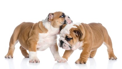 Obraz premium Two brown and white bulldog puppies are playing around on a clean white backdrop, with soft lighting