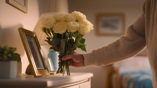 Widower's hands placing fresh flowers beside framed photograph on nightstand in dimly lit bedroom, perfect for remembrance, emotional healing, and contemporary grief theme cinematic color