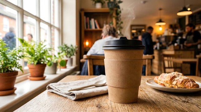 Eco-Friendly Coffee Cup Mockup with Kraft Packaging in Cozy Cafe Interior for Sustainable Branding