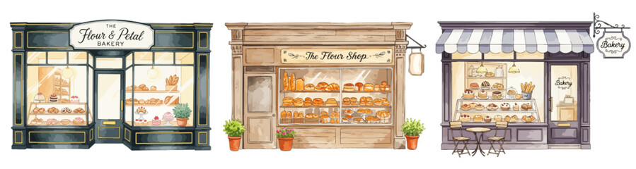 お洒落な街角のパン屋（ベーカリー）ショップフロントのイラスト素材,手書き風,ケーキ,テラス席,白背景