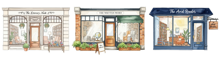 お洒落な街角の本屋・書店・ライブラリーの外観素材,手描き風,読書の秋,アンティーク,白背景