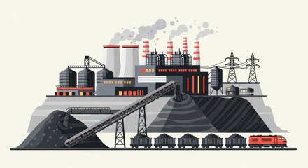 Industrial coal power plant with conveyor belts and train. © Hudah