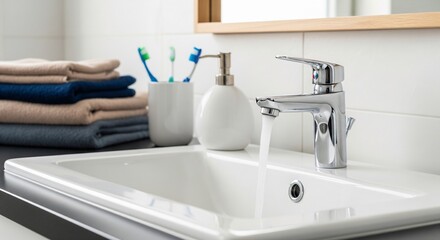 Modern bathroom sink with running water and soap dispenser