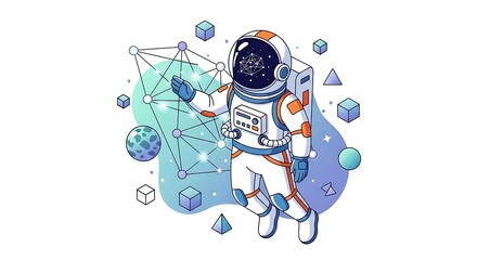 An isometric illustration showing an astronaut in a spacesuit reaching towards a network of connected nodes and geometric shapes