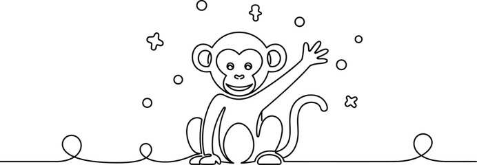 Simple continuous line art illustration of a happy monkey waving hello © Malik 