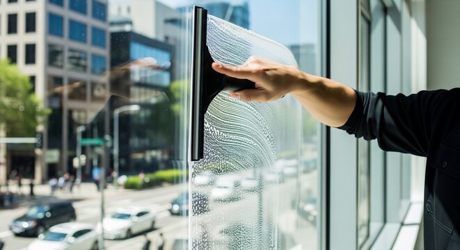 Person cleaning office window with squeegee on sunny day