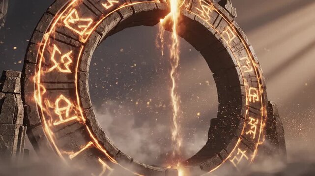 Cinematic 4K Seamless Loop of Ancient Runic Portal with Glowing Gold Energy in Mystical Foggy Environment. Ancient mystical portal glowing with runes and lightning in a dark fantasy landscape