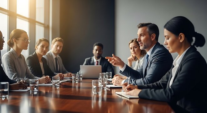 A diverse group of professionals gathers around a large wooden conference table, bathed in natural light, discussing a serious matter