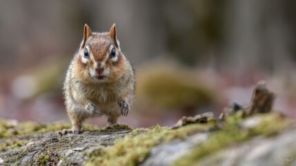 Fototapeta premium Energetic Eastern Chipmunk Scampering Across Mossy Ground in Spring Woodland