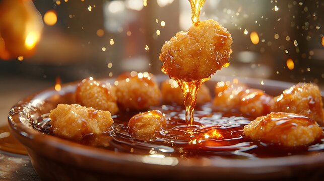 A golden crispy chicken nugget being dipped into a glossy barbecue sauce with droplets flying upward in slow motion against a warm blurred background.