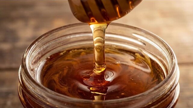 Honey Pouring: Capturing the Golden Essence. The image encapsulates the natural allure of liquid gold.