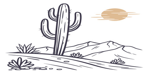 A solitary cactus stands tall in a desert landscape under a setting sun. Vector © BOY