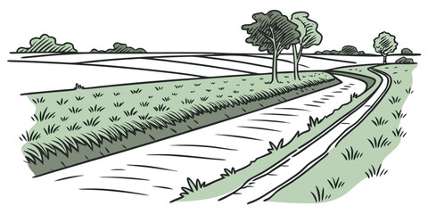 A serene landscape of rolling hills and a winding path under a clear sky. Vector © BOY