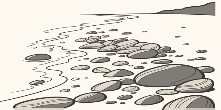 A serene beach scene with gentle waves lapping at the shore and a clear sky above Vector