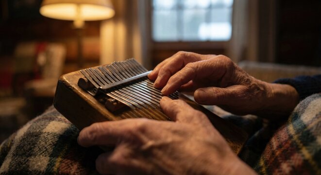 Senior hands playing wooden kalimba thumb piano