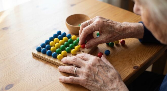 Senior woman's hands arranging beads for cognitive therapy
