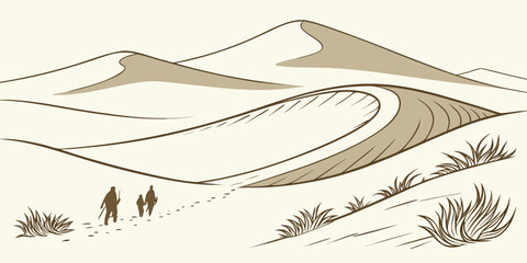 A group of hikers trekking through a vast, barren desert landscape with rolling dunes. Vector © BOY
