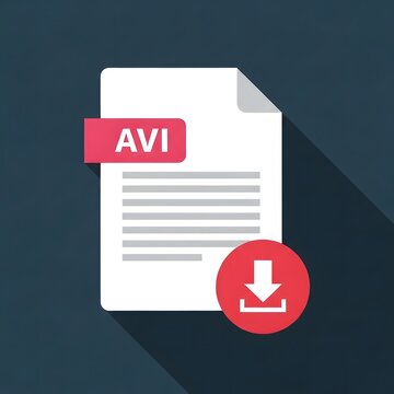 A graphic illustration of a downloadable AVI file represented by a white document icon with a red download symbol.
