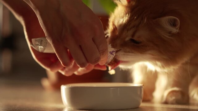 Caring owner's hands giving delicious wet food from a pouch to a beautiful ginger cat, who eagerly eats from a ceramic bowl on the floor, illuminated by warm morning sunlight