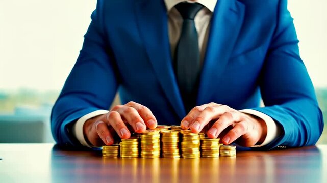 A Businessman in a Sharp Suit Gripping Piles of Gold Coins on a Table, Symbolizing Wealth Management, Financial Success, and Investment Opportunities