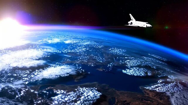 A Space Shuttle Glides Across Earth's Atmosphere, Capturing the Beauty of Our Planet in a Stunning Celestial Perspective with Bright Sunlight and Cloud Patterns