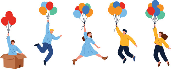 People Flying with Colorful Balloons Freedom and Dream Concept Vector Illustration © Firoz