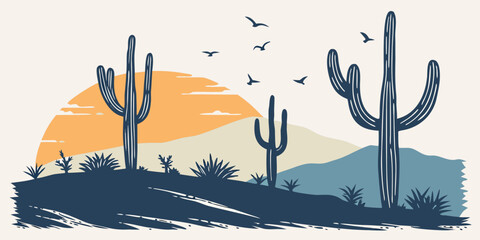 A serene desert landscape at sunset with cacti and distant mountains Vector © BOY