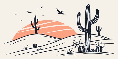 Birds flying over a desert landscape with cacti and distant mountains Vector © BOY