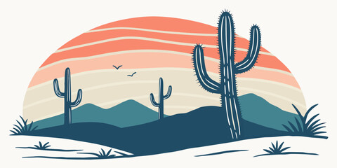 A serene desert landscape with cacti and a majestic sunset in the background Vector © BOY