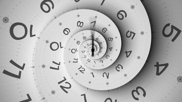 Abstract modern white spiral clock dial with arabic numerals. Concept of Infinite time, deadline, scheduling, time management, time travel, time and space, past, present and future.