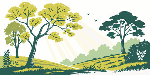 A serene landscape with a winding river and lush greenery under a clear blue sky. Vector © BOY