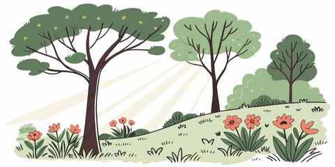 Fototapeta premium A serene landscape featuring a variety of trees and animals in a natural setting Vector