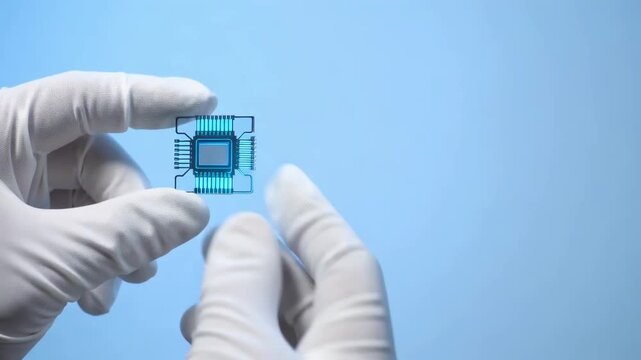 A Technological Marvel: Close-Up of a Transparent Microchip Held by a Gloved Hand in a Modern Laboratory Setting, Illustrating Advanced Electronics and Innovation