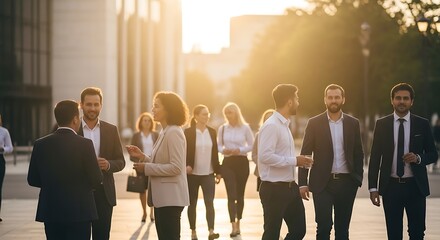 Fototapeta premium A group of professionals in business attire socialize outdoors as sunlight streams through a city street