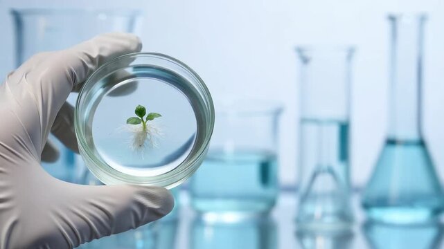 Exploring Plant Growth in a Controlled Laboratory Setting: A Close-Up of Seedling with Roots in Petri Dish Surrounded by Scientific Equipment
