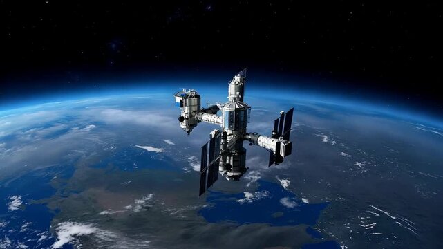 A magnificent spacecraft or orbital station suspended in space showcases its intricate design against the backdrop of Earth, illuminated by the distant sun's rays.