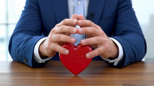 A Focused Moment of Protection: A Man's Hands Gently Cover a Heart Symbol, Signifying Care or Love in a Thoughtful Context While Sitting at a Wooden Table
