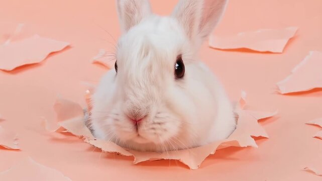 A Charming White Rabbit Peeking Through Torn Paper on a Soft Pink Background, Capturing a Playful and Adorable Moment in the World of Cute Animals