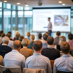 Obraz premium Business Seminar Audience Listening to Speaker at Corporate Presentation