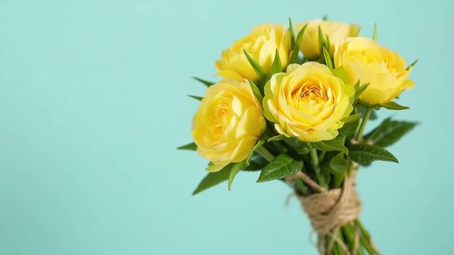Delicate Arrangement of Vibrant Yellow Roses Against a Soft Aqua Background, Highlighting the Beauty and Elegance of Nature's Blooms