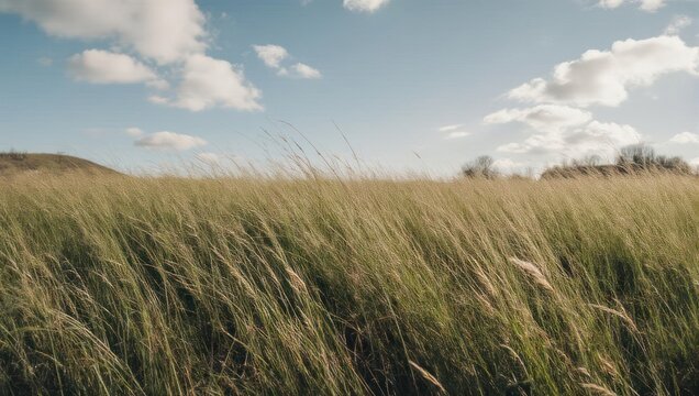 Golden, tall grasses sway in a gentle breeze under a partly cloudy sky with a distant hill