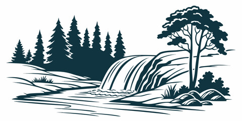 A serene landscape featuring a waterfall surrounded by lush trees and a calm lake. Vector © BOY