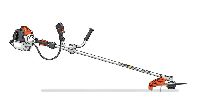 Gasoline powered brush cutter or professional garden trimmer with a long shaft and cutting blade used for clearing thick weeds.