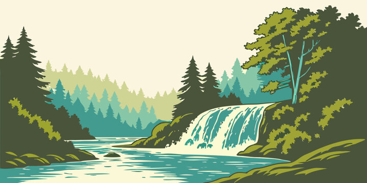 A serene landscape with a waterfall cascading into a tranquil river surrounded by lush greenery Vector