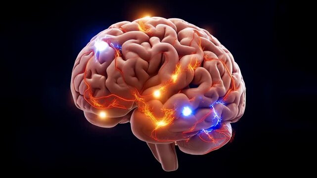 A Deep Dive into Neural Activity: Visual Representation of a Brain with Electrical Stimuli Emphasizing Cognitive Processes and Connectivity Dynamics