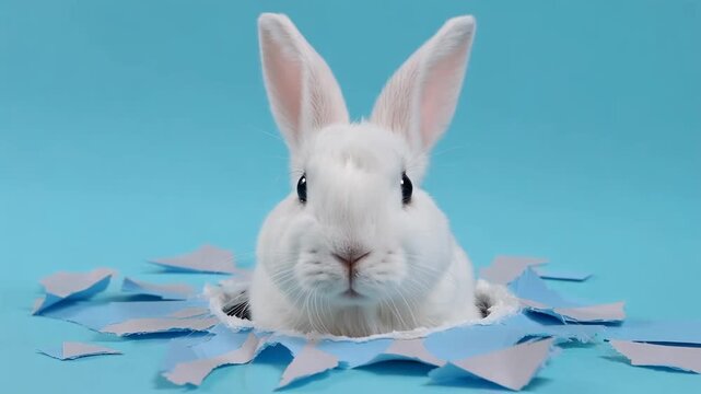 A Charming White Rabbit Peeks Out from a Torn Blue Background, Radiating Cuteness and Curiosity as it Explores Its Unique Surroundings