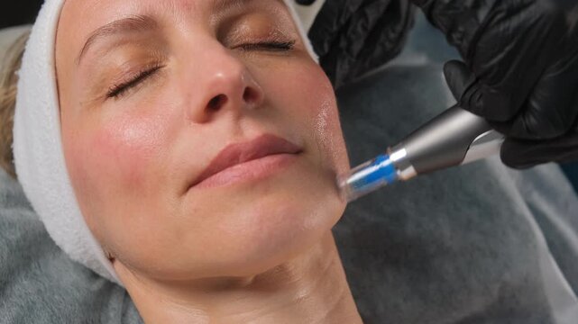 Close-up of a woman having a microneedling anti-aging procedure for facial rejuvenation