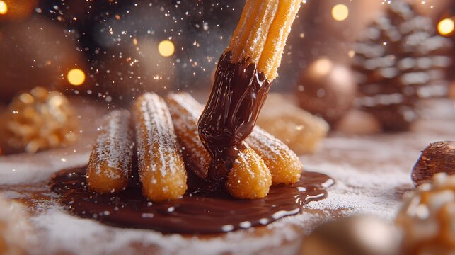 A golden churro being dipped into rich chocolate sauce with sugar dusting around it against a festive holiday backdrop with warm bokeh lights and pinecone accents.