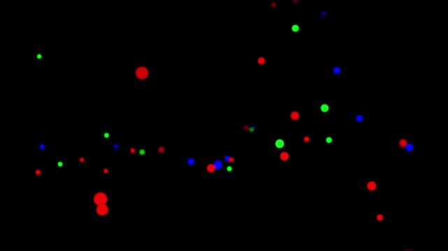RGB neon balls falling on surface and bouncing smoothly on a dark 3d space